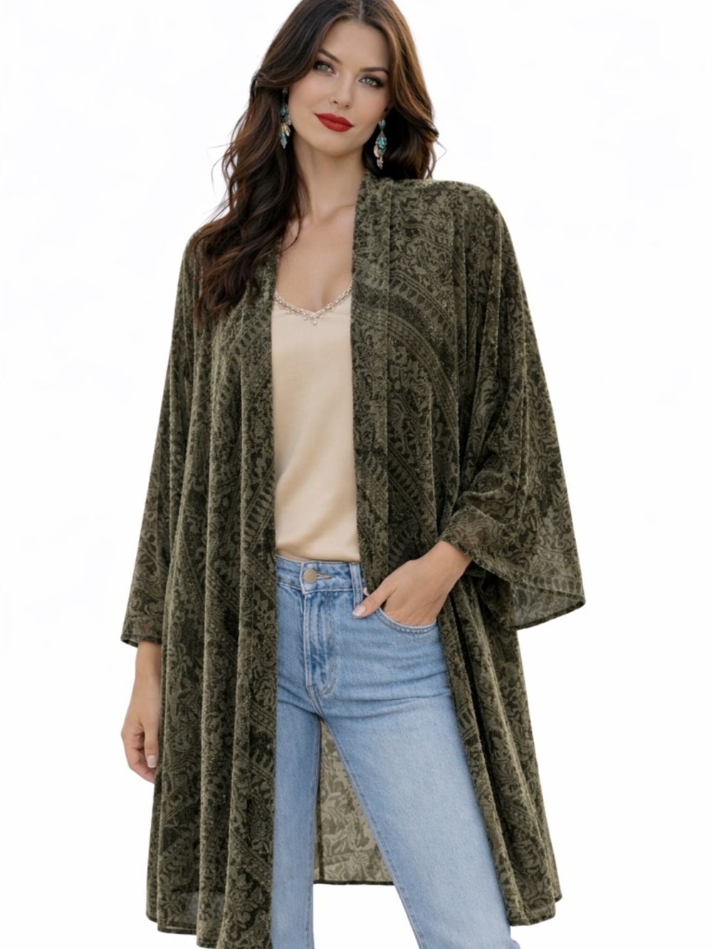 Johnny Was Olive Green Velvet Open Veronica Kimono Coat  NWOT